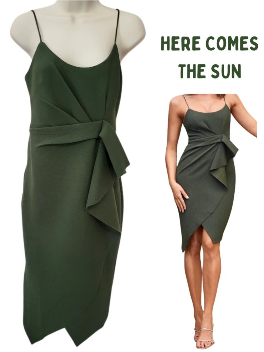 HERE COMES THE SUN NWT Forest Green Below Knee Telsa Cami Strap Dress Women's M